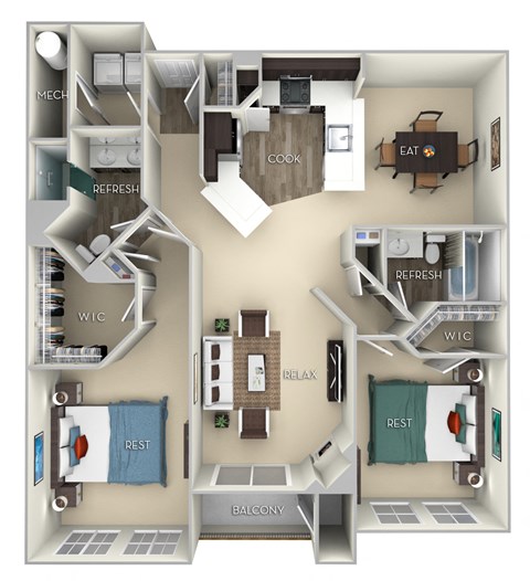 Floor plan for 2 beds, 2 baths, 1218 sqft